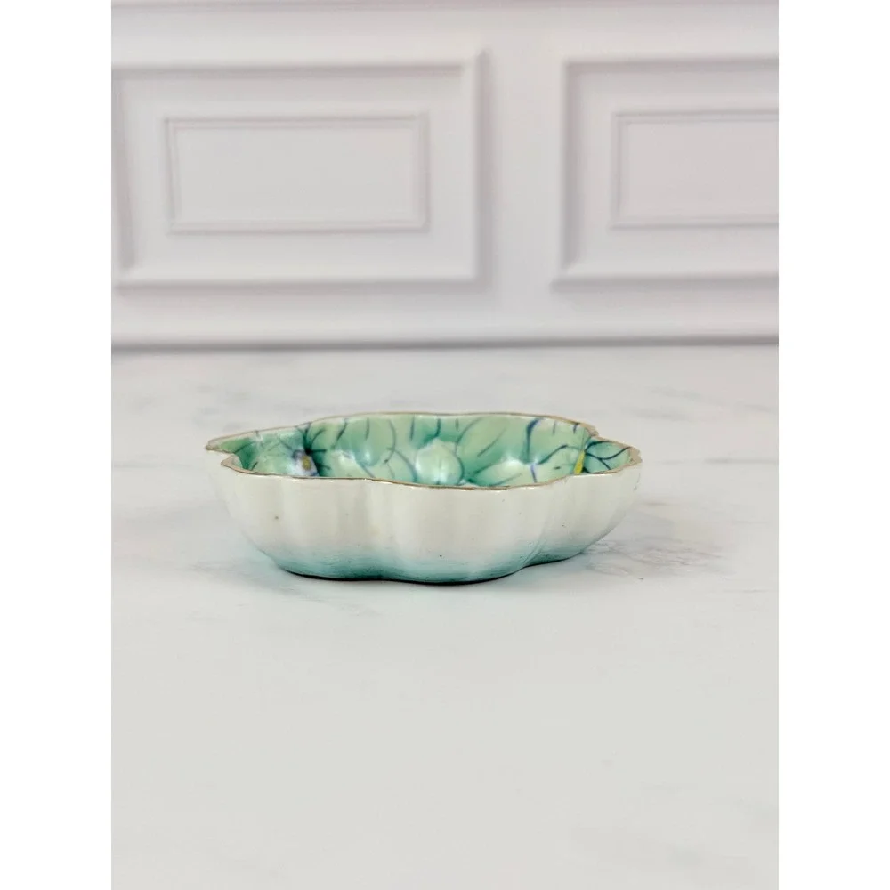 VTG 1964 Lenwil Ardalt Japan Green Floral Gilded Trinket Nut Nesting Dish 3 1/2